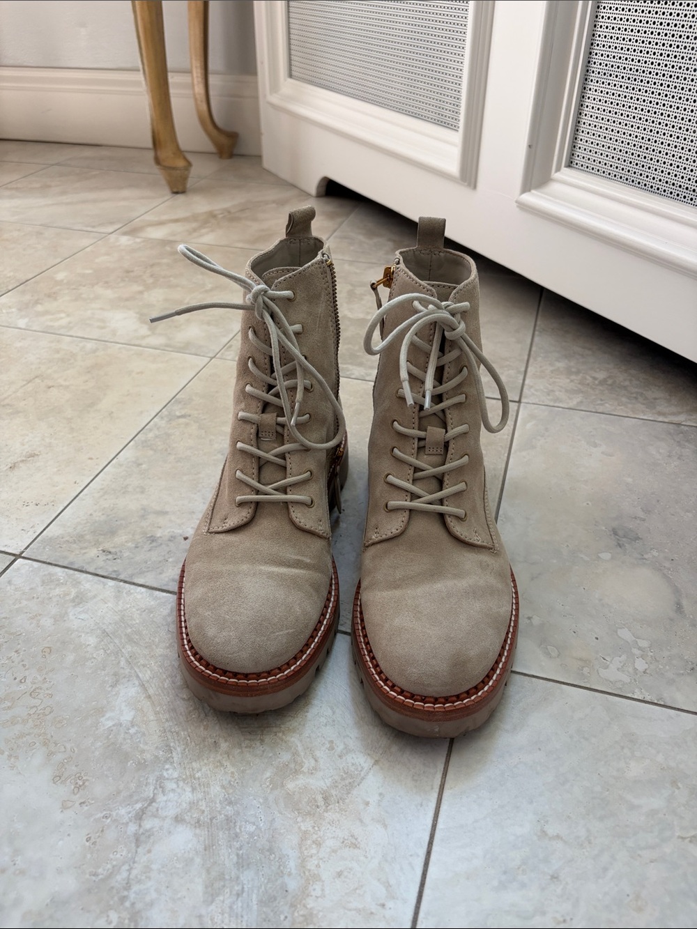 VINCE Women's Lace-Up Suede Ankle Boots in Light Beige